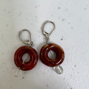 Red Clay Earrings Beaded Dangle‎ Ceramic Round Shiny Clear Silver Tone Boho